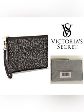 🆕VICTORIA'S SECRET - NWT - BLACK GOLD SLIM LACE POUCH / CLUTCH / BAG
